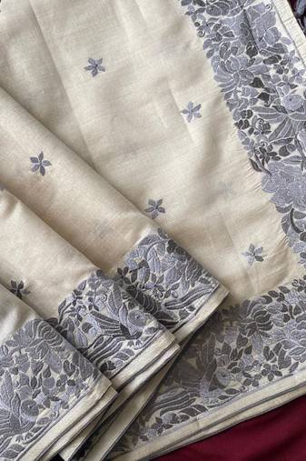 WHITE LOOM TUSSAR SAREE WITH ALL OVER SINGLE TONE DESIGNER EMBROIDERY PATTERN
