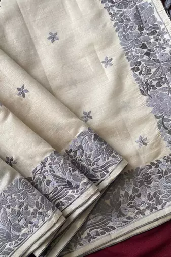 WHITE LOOM TUSSAR SAREE WITH ALL OVER SINGLE TONE DESIGNER EMBROIDERY PATTERN