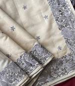 WHITE LOOM TUSSAR SAREE WITH ALL OVER SINGLE TONE DESIGNER EMBROIDERY PATTERN