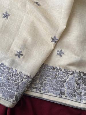 WHITE LOOM TUSSAR SAREE WITH ALL OVER SINGLE TONE DESIGNER EMBROIDERY PATTERN 2