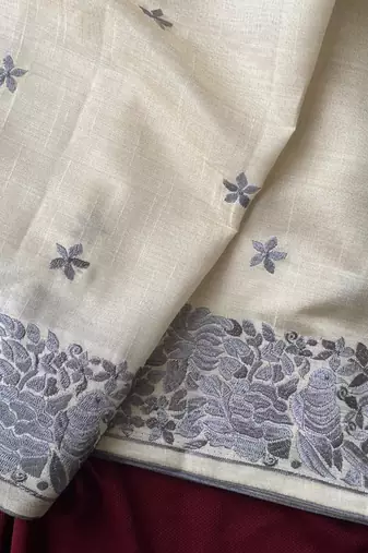 WHITE LOOM TUSSAR SAREE WITH ALL OVER SINGLE TONE DESIGNER EMBROIDERY PATTERN