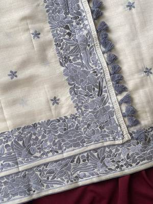 WHITE LOOM TUSSAR SAREE WITH ALL OVER SINGLE TONE DESIGNER EMBROIDERY PATTERN 3