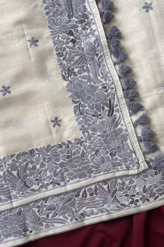 WHITE LOOM TUSSAR SAREE WITH ALL OVER SINGLE TONE DESIGNER EMBROIDERY PATTERN