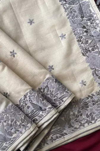 WHITE LOOM TUSSAR SAREE WITH ALL OVER SINGLE TONE DESIGNER EMBROIDERY PATTERN