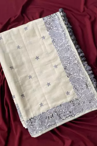 WHITE LOOM TUSSAR SAREE WITH ALL OVER SINGLE TONE DESIGNER EMBROIDERY PATTERN