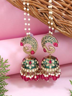 Traditional meenakari peacock design jhumka with ear chain for women  1