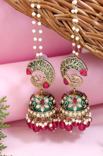 Traditional meenakari peacock design jhumka with ear chain for women (e3380)
