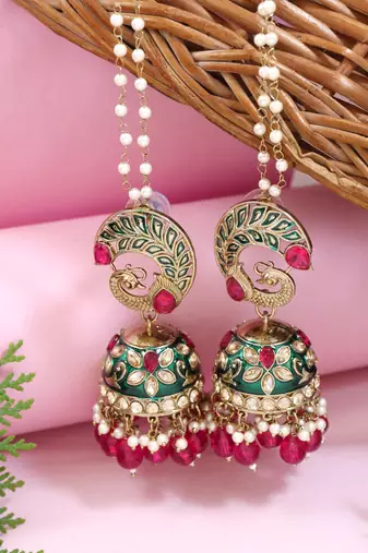 Traditional meenakari peacock design jhumka with ear chain for women 