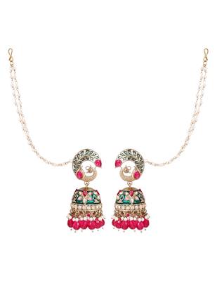 Traditional meenakari peacock design jhumka with ear chain for women  2