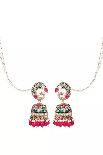 Traditional meenakari peacock design jhumka with ear chain for women 