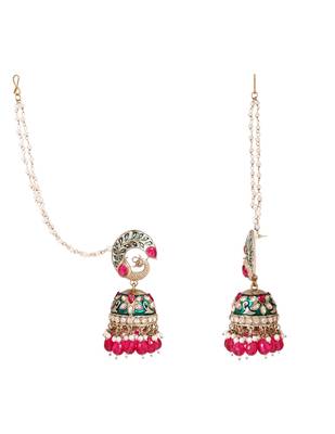 Traditional meenakari peacock design jhumka with ear chain for women  3