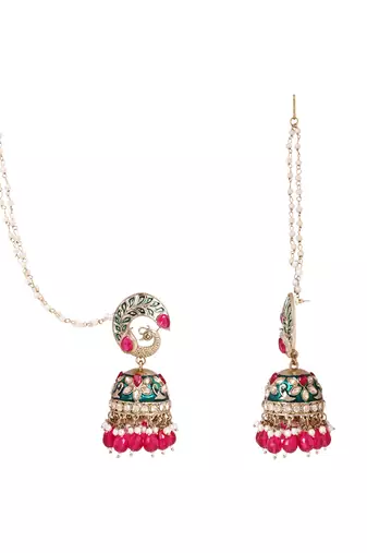 Traditional meenakari peacock design jhumka with ear chain for women 