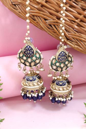 Traditional meenakari kundan jhumka with ear chain for women (e3381)