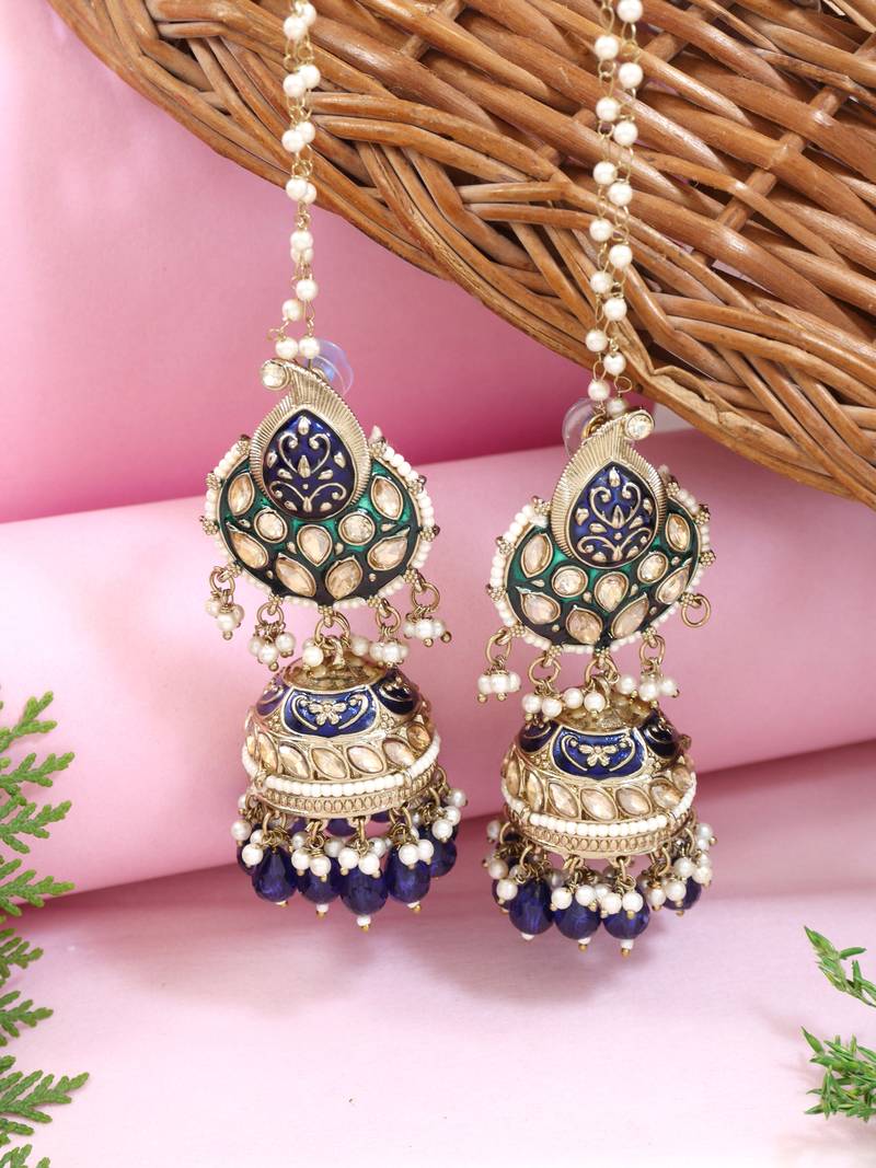Traditional meenakari kundan jhumka with ear chain for women (e3381)