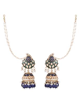 Traditional meenakari kundan jhumka with ear chain for women (e3381) 2