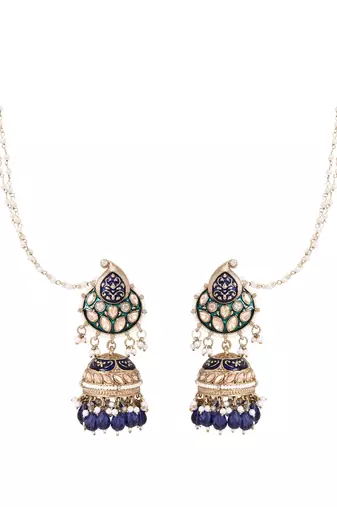 Traditional meenakari kundan jhumka with ear chain for women (e3381)