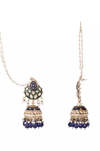 Traditional meenakari kundan jhumka with ear chain for women (e3381)