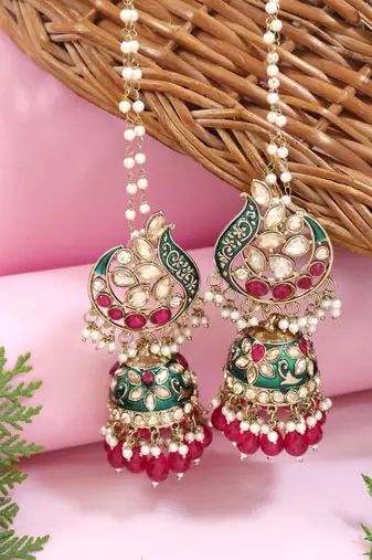 Traditional meenakari jhumka with ear chain for women (e3382)