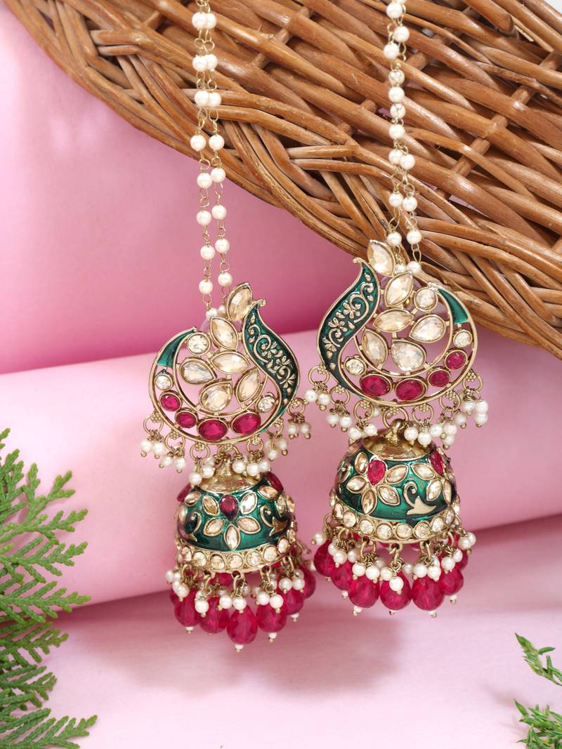 Traditional meenakari jhumka with ear chain for women (e3382)
