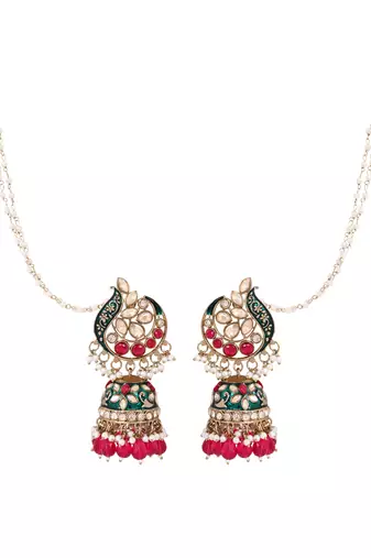 Traditional meenakari jhumka with ear chain for women (e3382)
