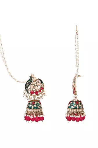Traditional meenakari jhumka with ear chain for women (e3382)