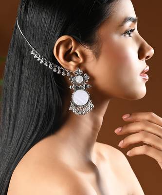 Traditional mirror work earring with ear chain for women (e3387ox) 1