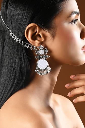Traditional mirror work earring with ear chain for women (e3387ox)