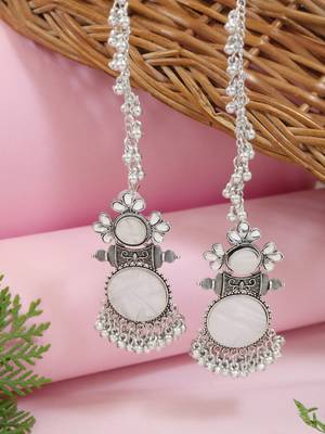 Traditional mirror work earring with ear chain for women (e3387ox) 2