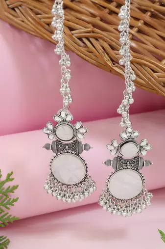 Traditional mirror work earring with ear chain for women (e3387ox)