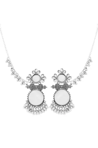 Traditional mirror work earring with ear chain for women (e3387ox)