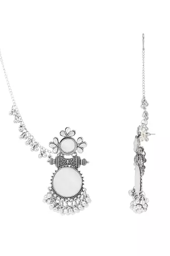 Traditional mirror work earring with ear chain for women (e3387ox)