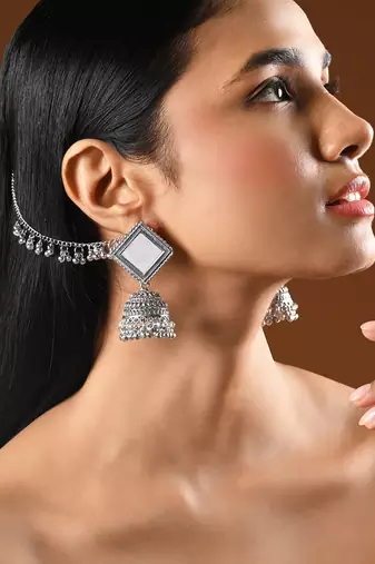 Traditional mirror jhumka earring with ear chain for women (e3388ox)