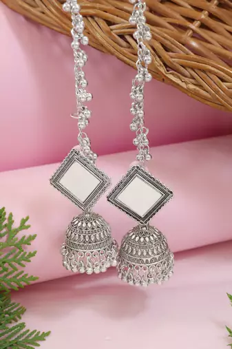 Traditional mirror jhumka earring with ear chain for women (e3388ox)