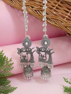 Traditional jhumka motif oxidised earring with ear chain for women (e3389ox) 2