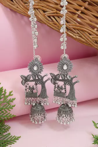 Traditional jhumka motif oxidised earring with ear chain for women (e3389ox)