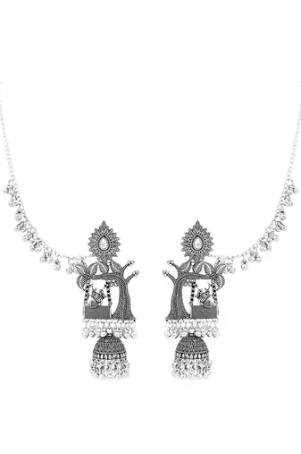 Traditional jhumka motif oxidised earring with ear chain for women (e3389ox)