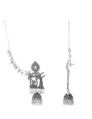 Traditional jhumka motif oxidised earring with ear chain for women (e3389ox) 4