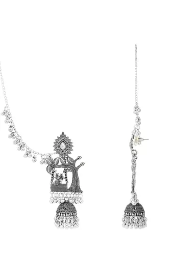 Traditional jhumka motif oxidised earring with ear chain for women (e3389ox)