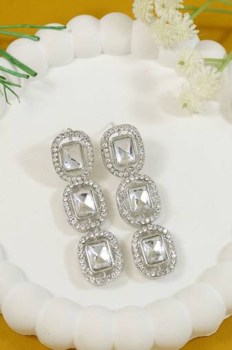 Traditional white stone drop dangle earrings for women (silver white)