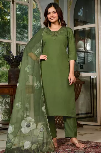Women's Gorgeous Embroidery Viscose Chanderi Fabric Straight Kurta, Pant and Dupatta Set