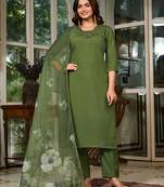 Women's Gorgeous Embroidery Viscose Chanderi Fabric Straight Kurta, Pant and Dupatta Set