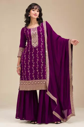 Beautiful Embroidered Vichitra Silk Fabric Straight Kurta, Palazzo and Dupatta Set