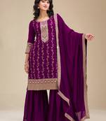 Beautiful Embroidered Vichitra Silk Fabric Straight Kurta, Palazzo and Dupatta Set