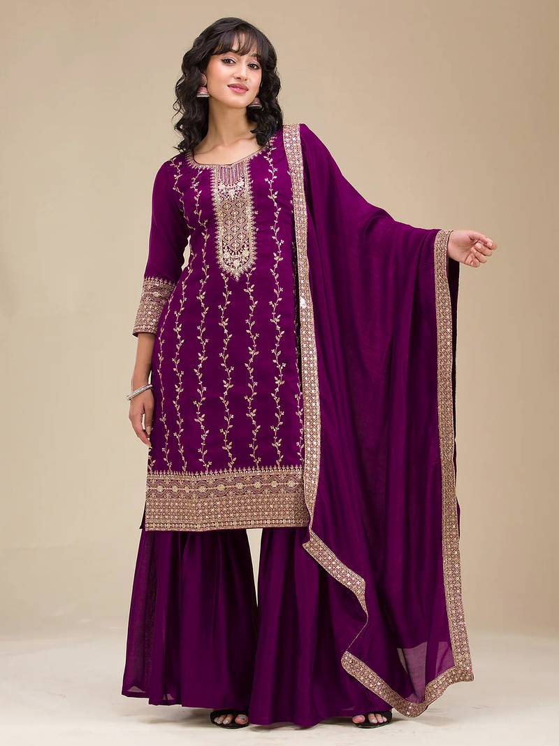 Beautiful Embroidered Vichitra Silk Fabric Straight Kurta, Palazzo and Dupatta Set