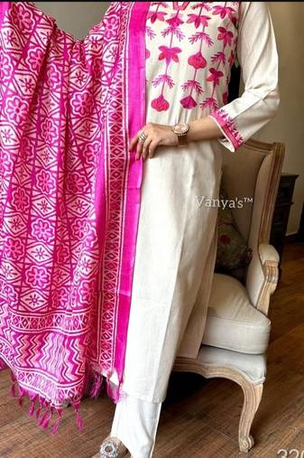 Off White South Cotton Embroidery Kurta Set with Pink Dupatta
