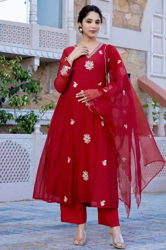 Beautiful Embroidered Chanderi Fabric Flared Kurta, Pant and Dupatta Set
