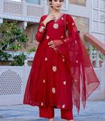 Beautiful Embroidered Chanderi Fabric Flared Kurta, Pant and Dupatta Set