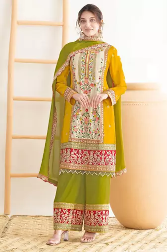 Yellow chinnon straight palazzo suit with dabka dori & handmade mirror embroidery, free size stitching up to 42"