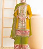 Yellow chinnon straight palazzo suit with dabka dori & handmade mirror embroidery, free size stitching up to 42"