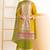 Yellow chinnon straight palazzo suit with dabka dori & handmade mirror embroidery, free size stitching up to 42"